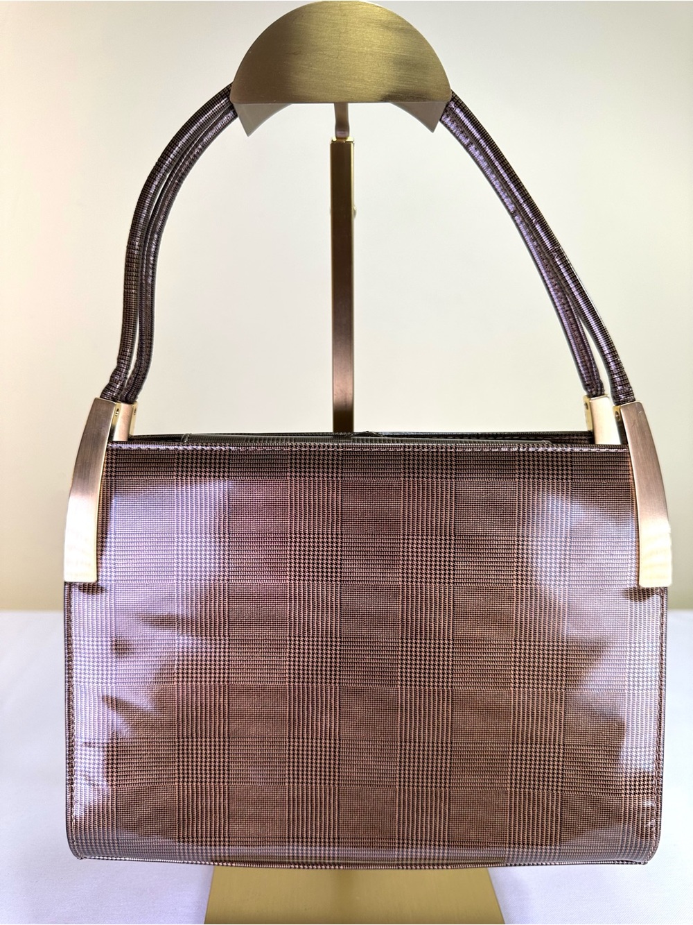 Charles Jourdan vintage top handle structure Metallic Bronze patent Glen check